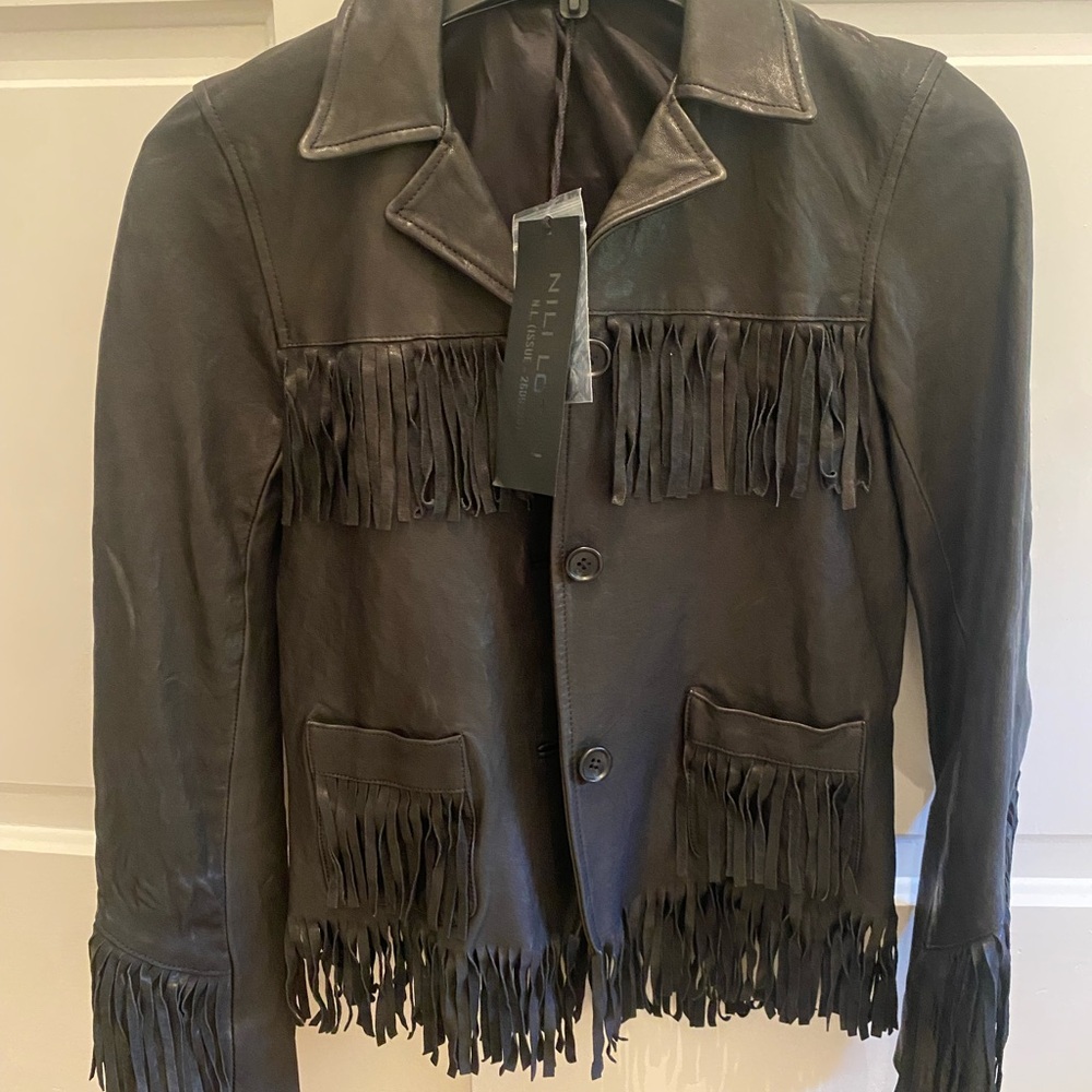 NWT Nili Lotan black leather fringed western biker motorcycle jacket! Size 0/xs